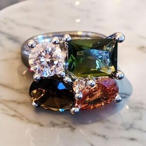 Silvertone Sparkling Multicolor Stone Ring